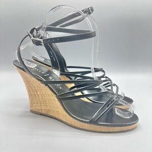White House Black Market Size 8 Strappy Black Raffia Wedge Heels